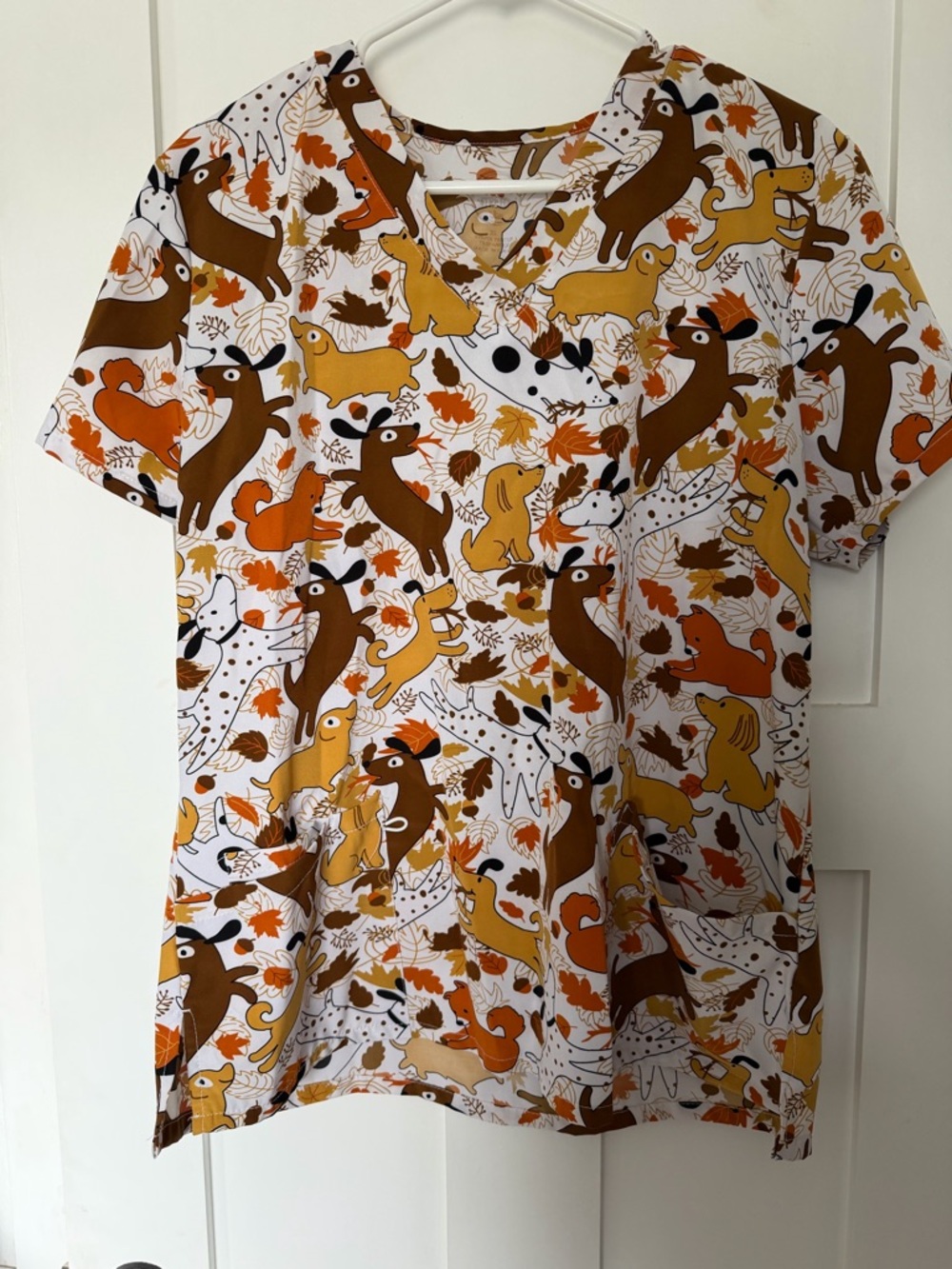 Dog Print Scrub Top in White, Brown, Mustard & Orange